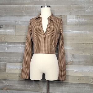 Zara Brown Black Structured Houndstooth Pullover V-Neck Crop Top